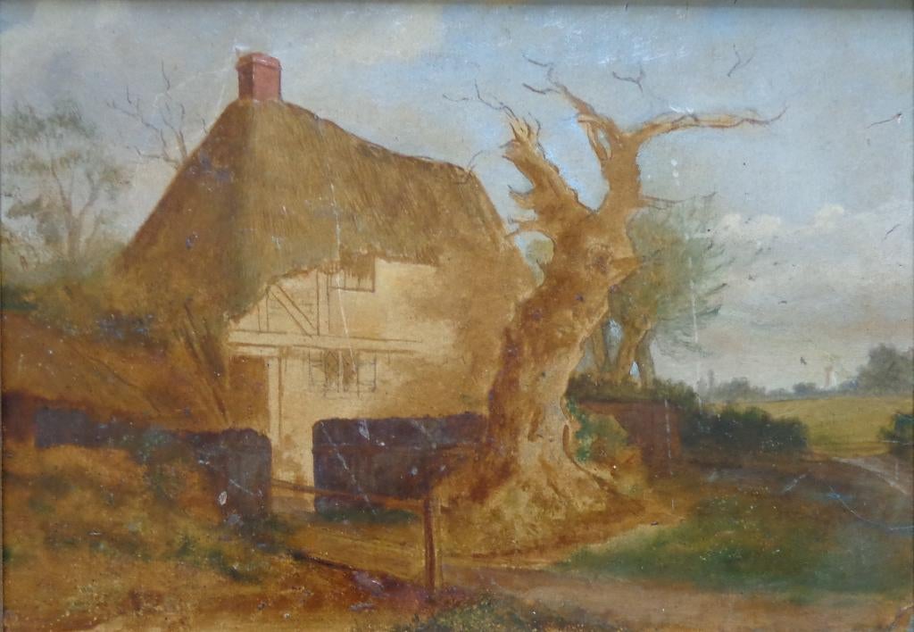BELGISCHE SCHOOL / HOEVE BIJ BOOM / OLIEVERF / 33x41cm KADER, Antiek en Kunst, Ophalen of Verzenden