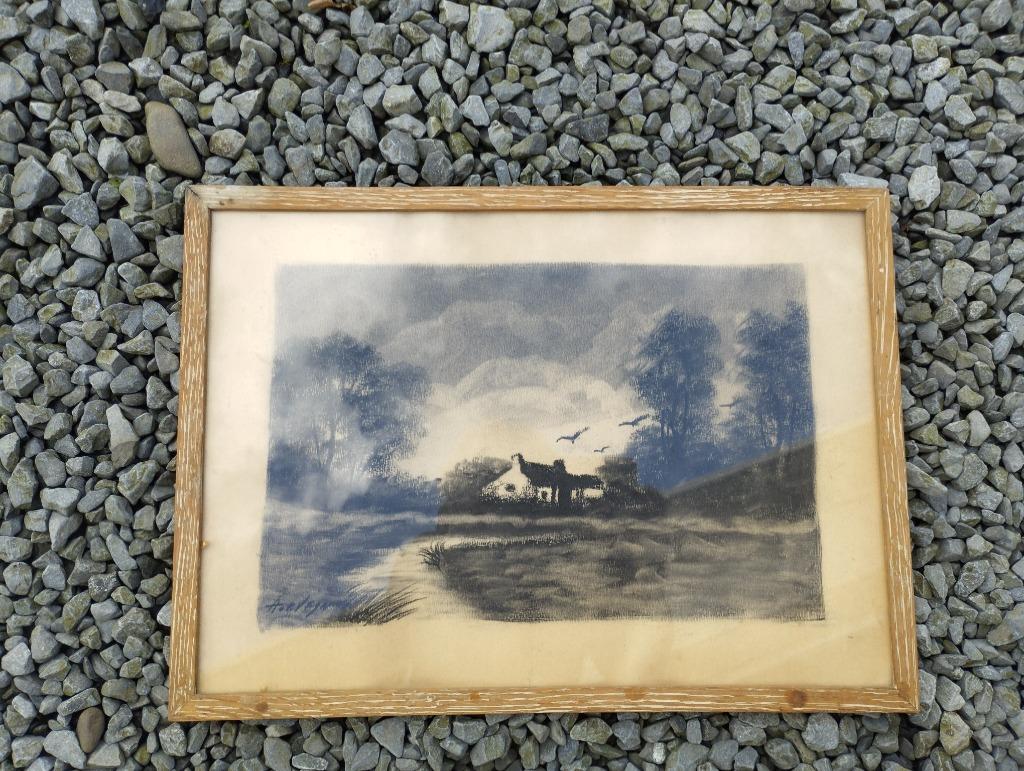 Mooie zwart wit tekening van hoeve in kader, Antiek en Kunst, Ophalen
