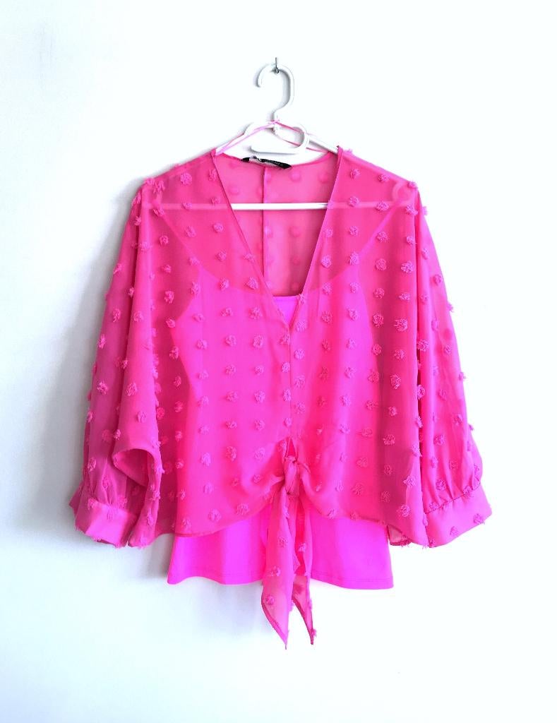 Zara - felroze blouse met structuur bijpassende fluo top - M, Kleding | Dames, Maat 38/40 (M), Verzenden, Zara, Zo goed als nieuw