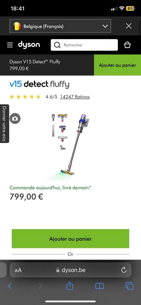 Aspirateur Dyson (V15 detect fluffy), Neuf, Réservoir, Aspirateur robot