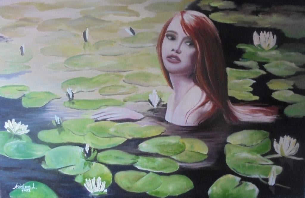 groot olieschilderij vrouw/waterlelies (75x115), Ophalen of Verzenden