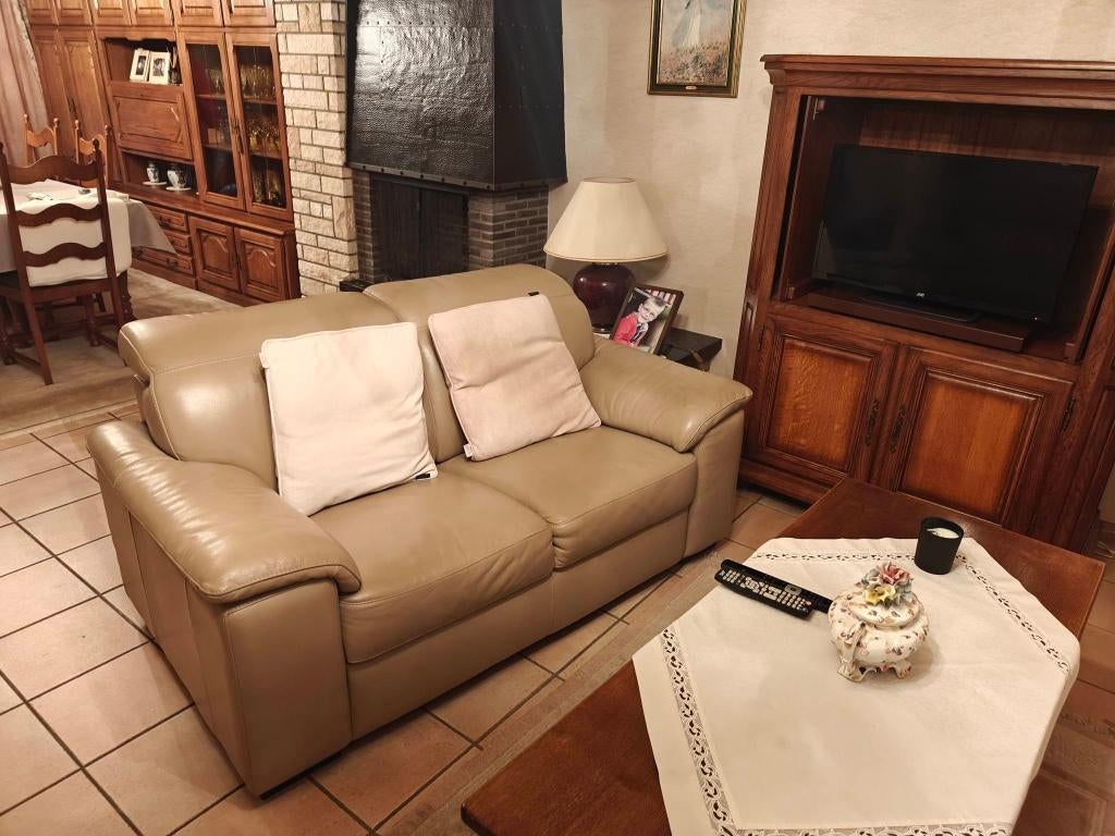 Lederen beige salon waarvan 1 met relax, Huis en Inrichting, Ophalen, Gebruikt, 100 tot 125 cm, Klassiek