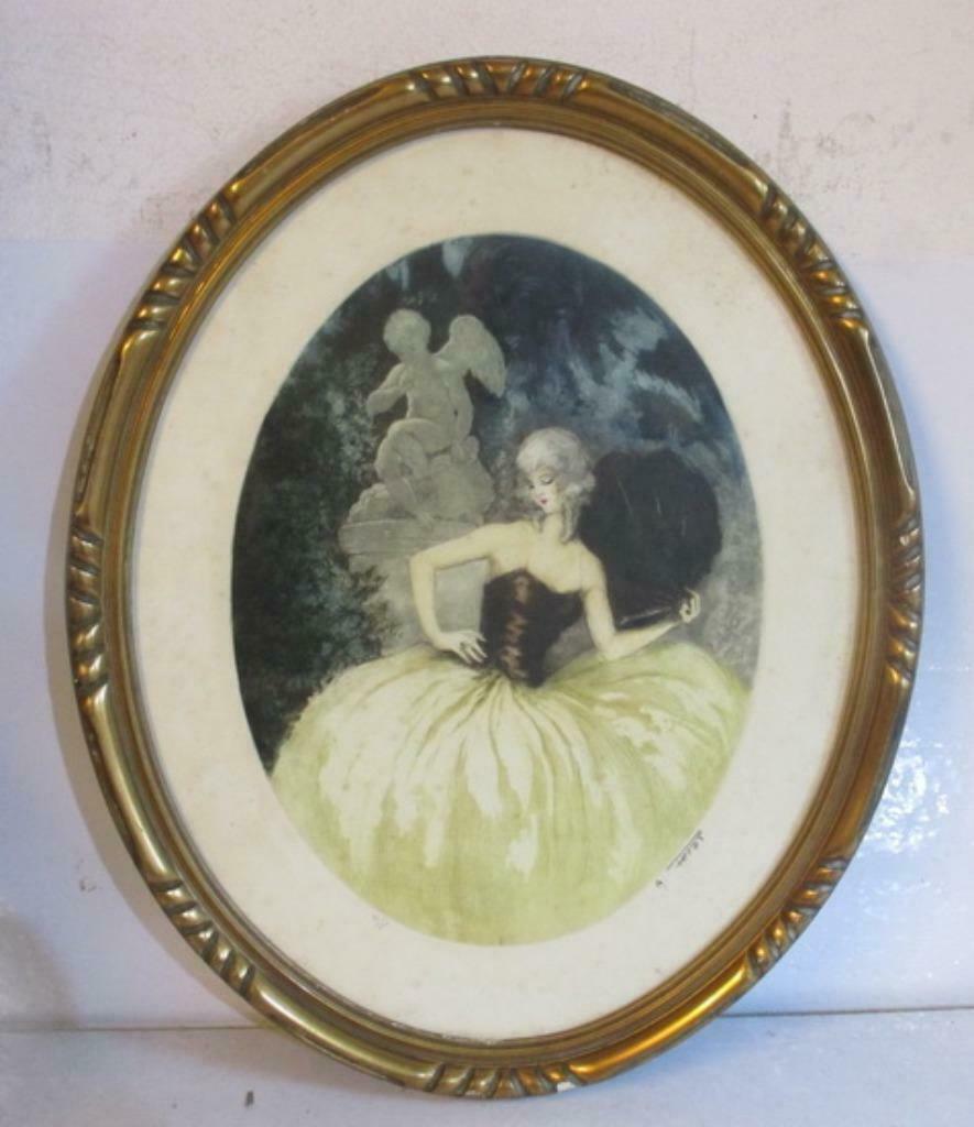 lithographie art nouveau dame à l'éventail et putti A. Ferat, Antiquités & Art, Envoi