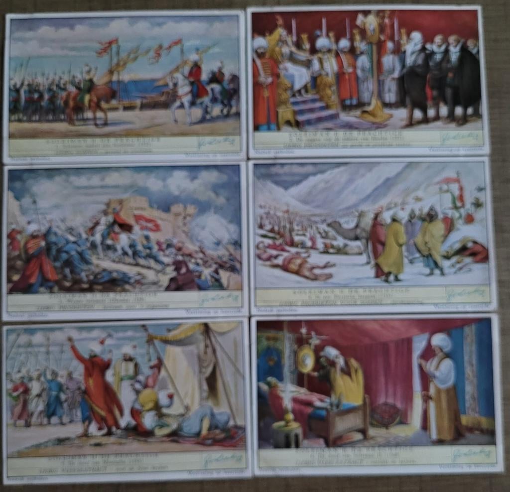 6 oude Liebig prenten: Soleiman II, de Prachtige, Enlèvement ou Envoi, Utilisé, Autres sujets/thèmes, Gravure