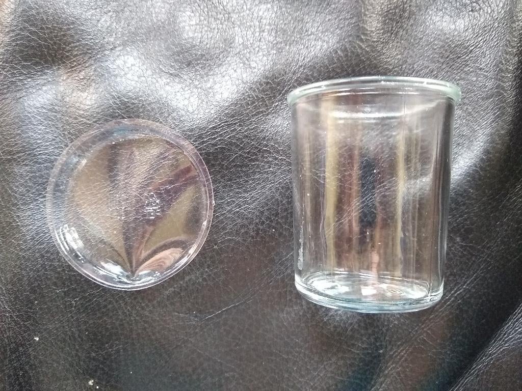 4 glazen potjes apero, dessert + deksel (plastiek) - NIEUW, Ophalen, Overige typen, Nieuw, Glas