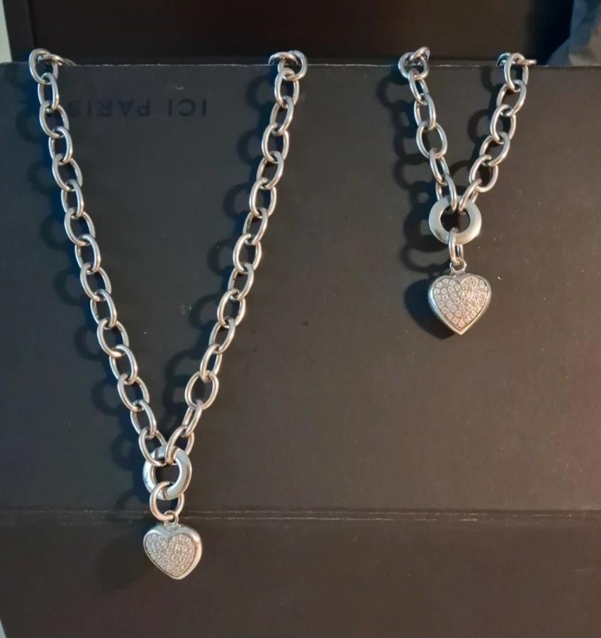 Parure acier bracelet + collier cœur strassé, Enlèvement