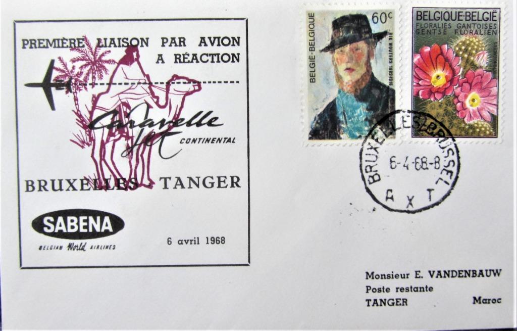 FDC SABENA- BRUSSEL- TANGER 1968, Enlèvement ou Envoi, Affranchi, Avions
