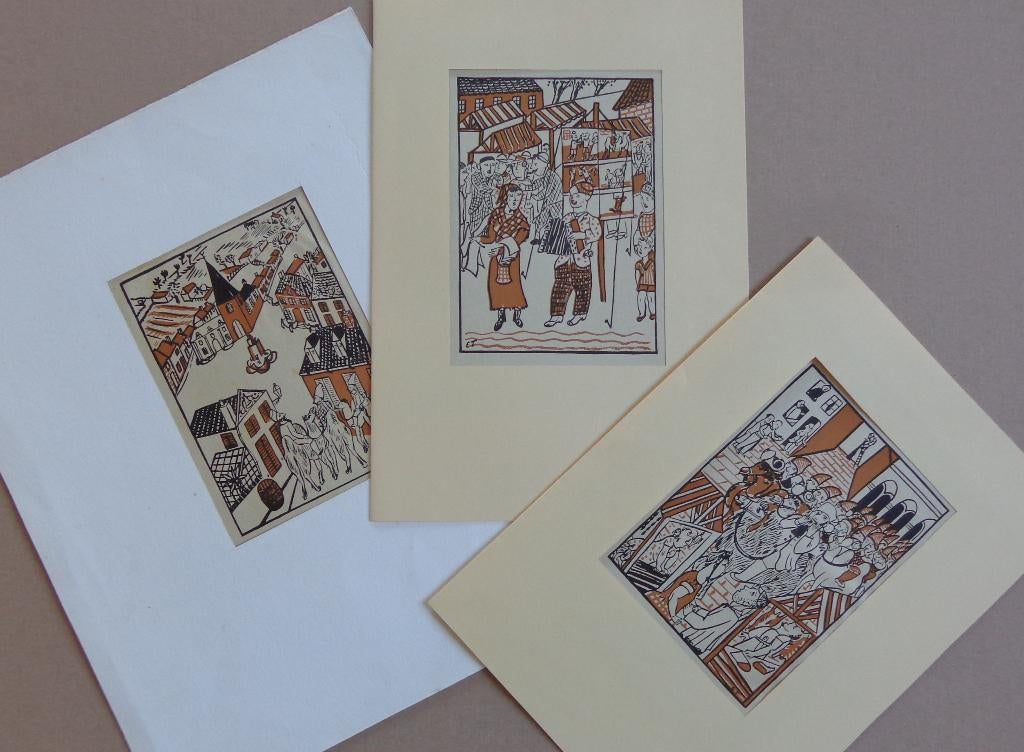 EDGARD TYTGAT / LOT VAN 3 STUKS / KLEURHOUTSNEDE / 36x29cm, Antiek en Kunst, Ophalen of Verzenden, Gravure