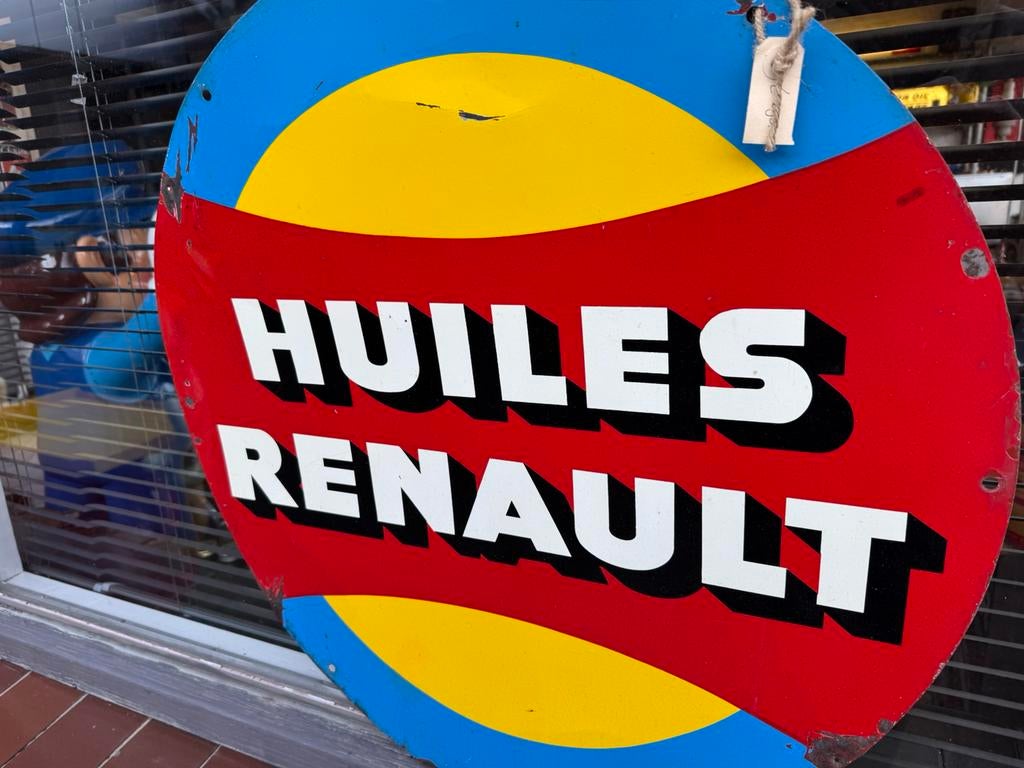Panneau publicitaire ancien HUILES RENAULT, Enlèvement ou Envoi, Utilisé, Panneau publicitaire