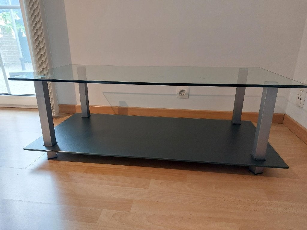 glazen salontafel zwart metalen schap, Ophalen, Gebruikt, 100 tot 150 cm, Modern ook geschikt voor TV