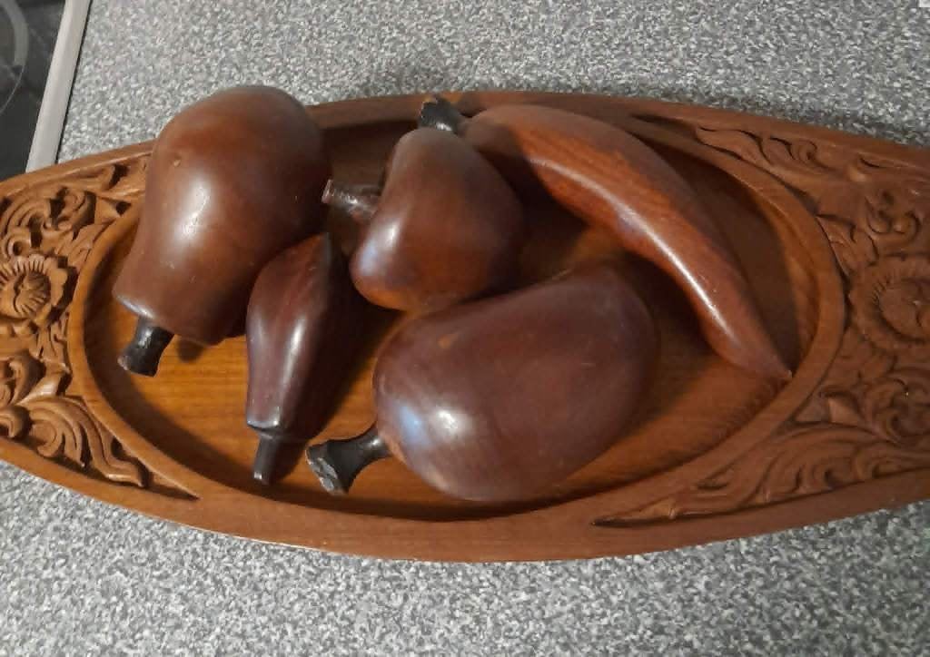 Handgesneden teakhouten dienblad en fruit in hout., Ophalen of Verzenden