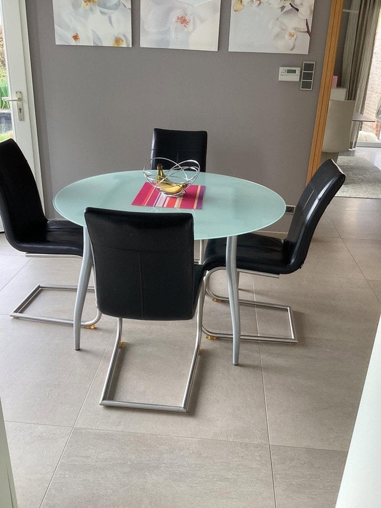 Ronde eettafel met matglazen blad, Huis en Inrichting, Ophalen, Gebruikt, Rond, Glas
