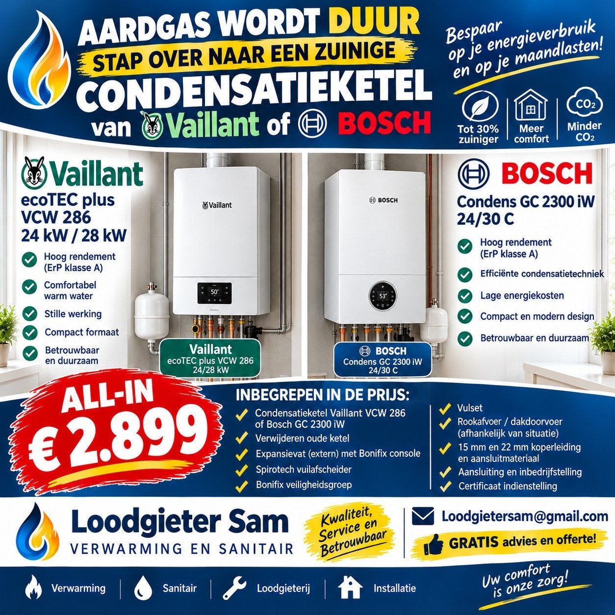 Condensatieketel Vaillant of Bosch +installatie +certificaat, Doe-het-zelf en Bouw, Ophalen, Nieuw