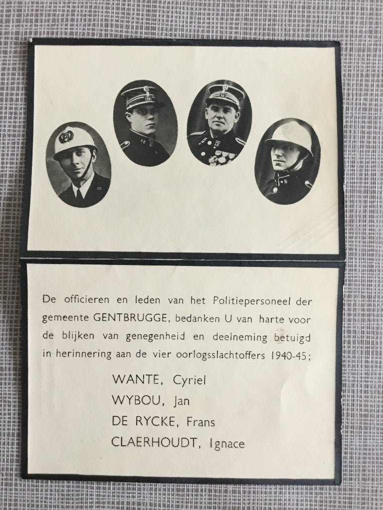 4 victimes de guerre : Police de Gentbrugge +1940-45, Enlèvement ou Envoi, Image pieuse