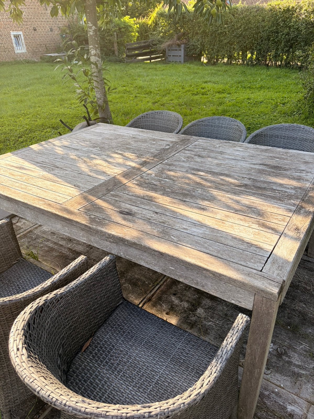 Teak tuintafel + 6 stoelen, Jardin & Terrasse, Enlèvement, Utilisé, Rectangulaire, Bois de teck