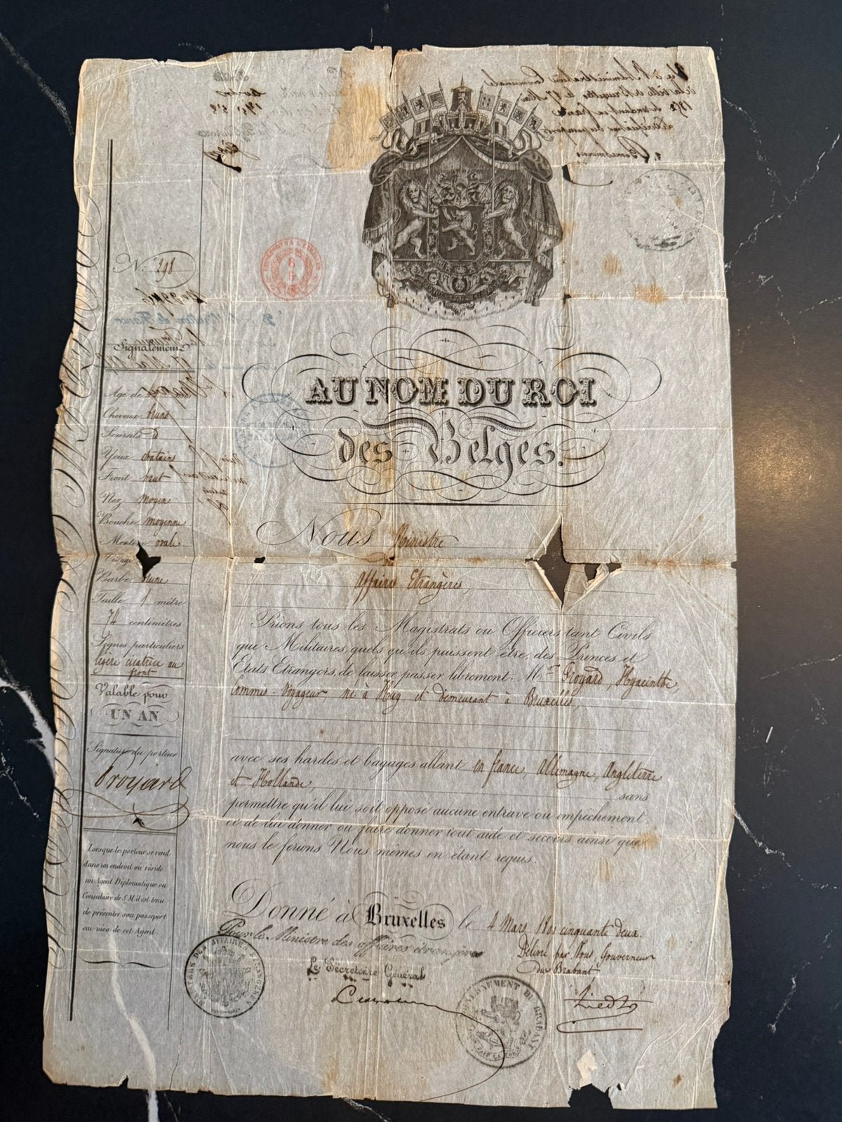 Zeldzaam origineel Belgisch paspoort 1852 – Leopold I, Ophalen of Verzenden, Gebruikt
