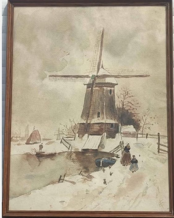 Aquarelle moulin a vent enneigé, Antiek en Kunst, Ophalen of Verzenden, Aquarel