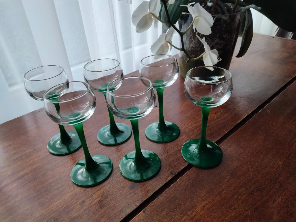 Vintage set van 6 „LUMINARC FRANCE” glazen op groene basis, Ophalen, Zo goed als nieuw, Overige typen