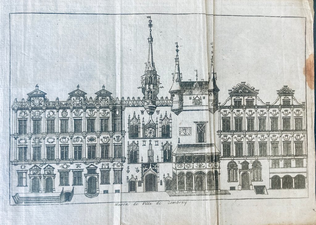 Originele gravure – Stadhuis Cambrai (Fr) – Harrewijn 1720, Antiek en Kunst, Kunst | Etsen en Gravures, Origineel, 17 cm, Architectuur