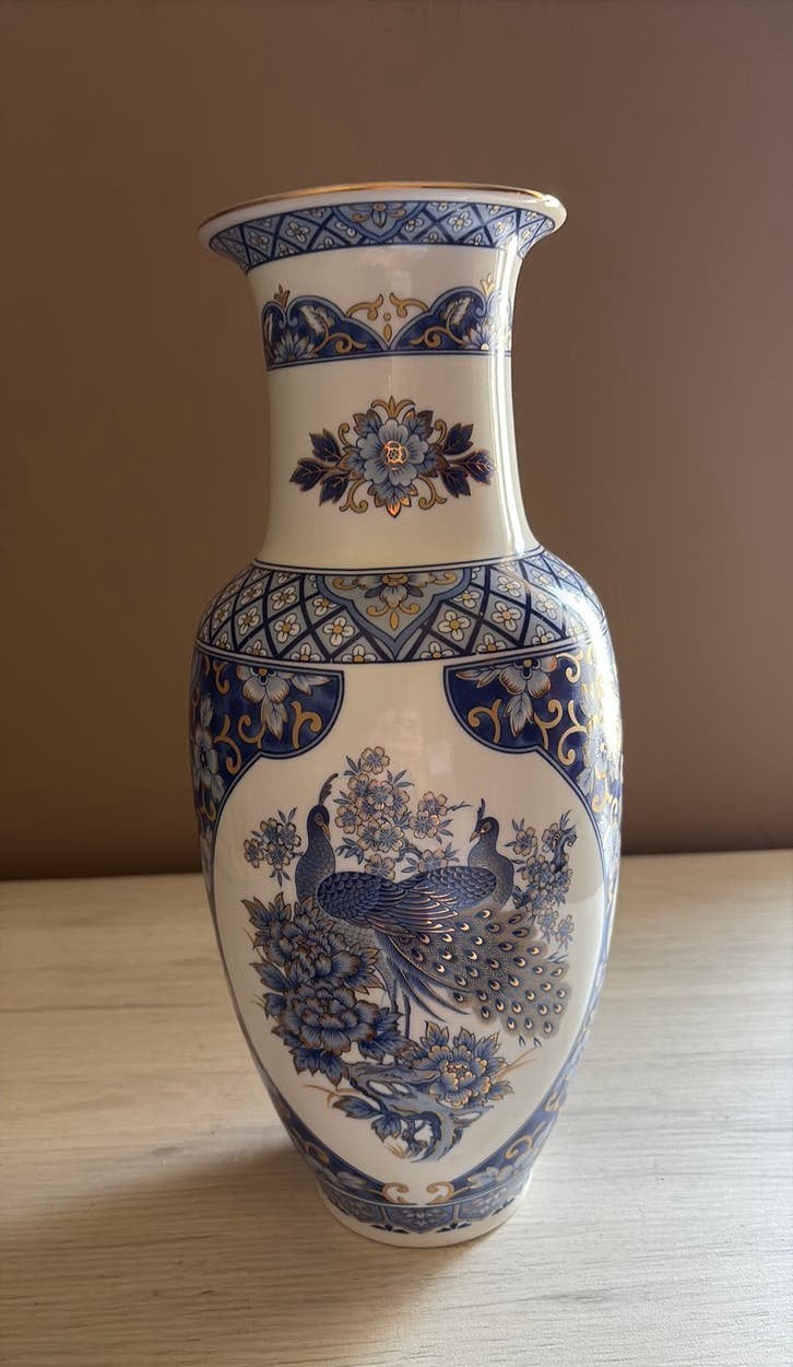 Vintage Japanse Porseleinen Vaas H 36  - Eiwa Kinsei Pauwen, Antiek en Kunst, Ophalen of Verzenden