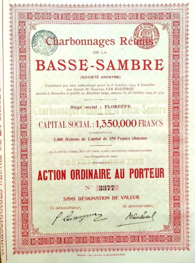 Charbonnages Réunis de la Basse-Sambre 1909, Timbres & Monnaies, Enlèvement ou Envoi, Avant 1920, Action