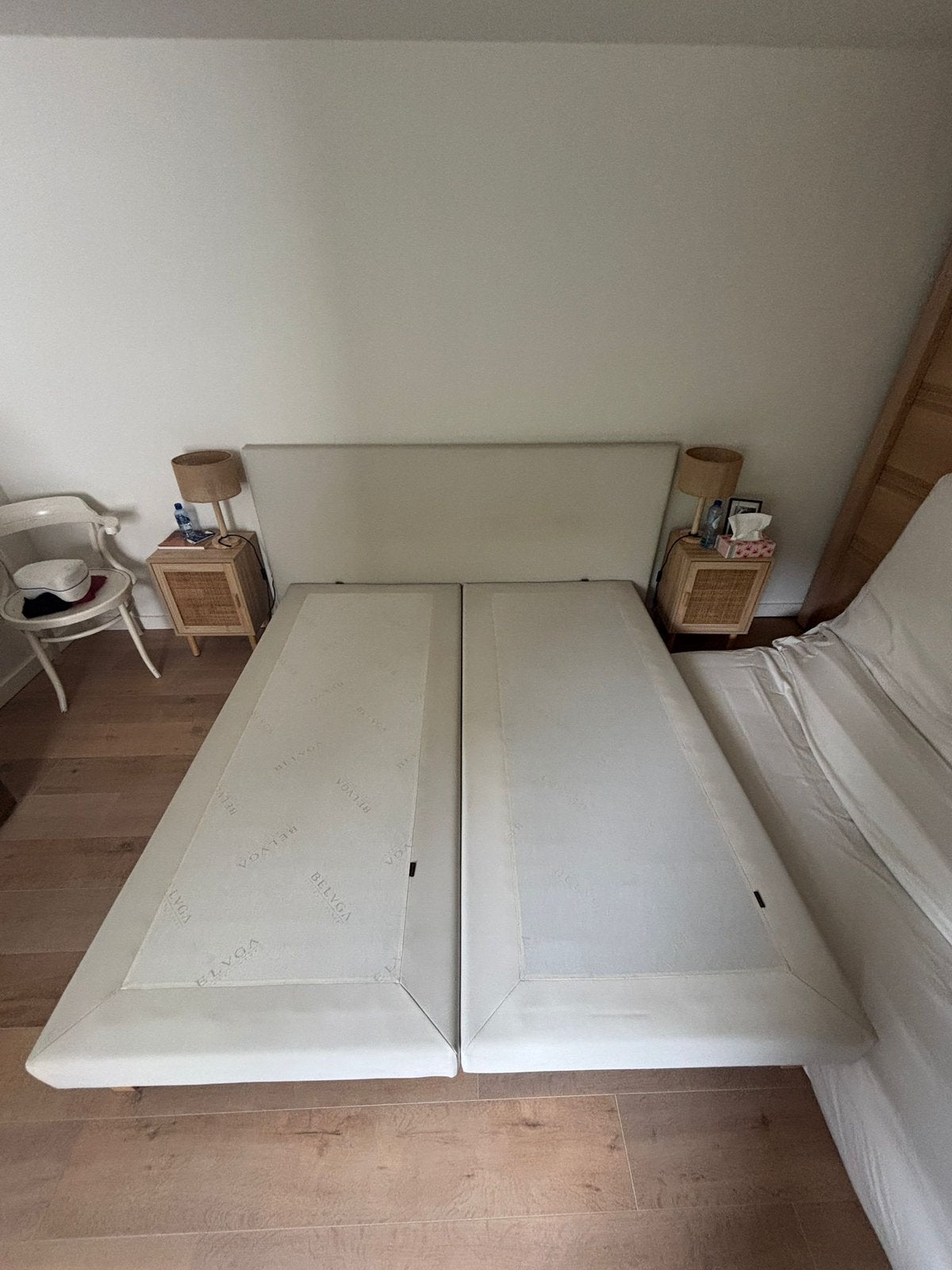 boxspring met hoofdbord, Huis en Inrichting, Slaapkamer | Complete slaapkamers, Ophalen, Gebruikt, Tweepersoons, Modern, leder