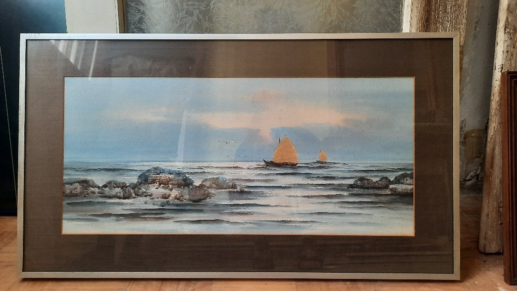 Aquarel Thais Riviergezicht Vissersboten T. Supsirikool, Ophalen, Maritiem / water, Papier, Origineel werk