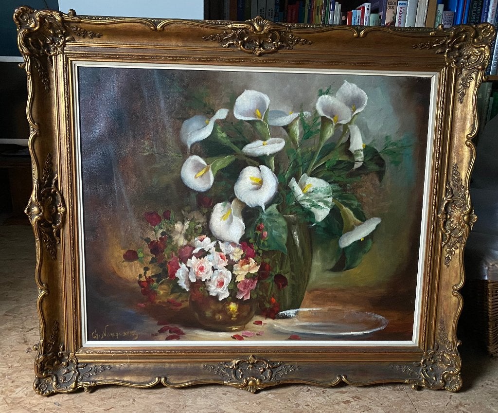 Groot schilderij, Enlèvement, Fleurs, Signé, Peinture à l'huile
