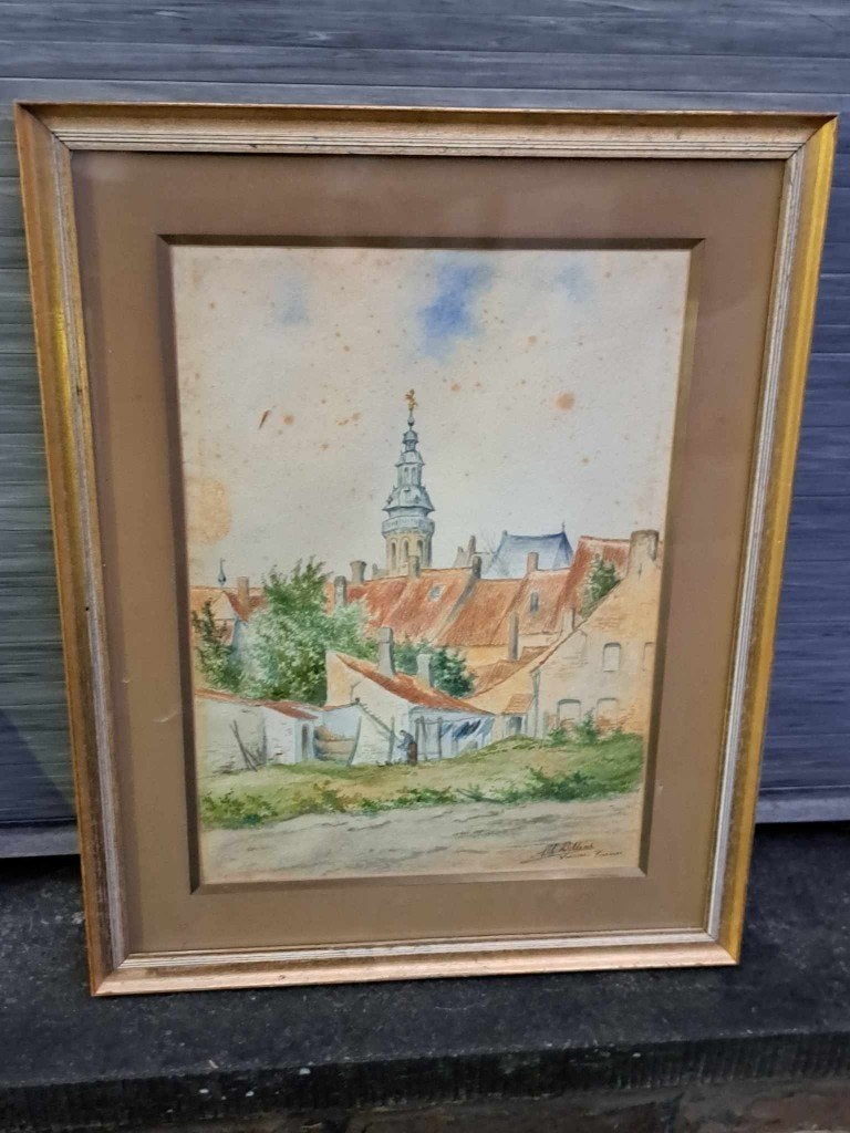 aquarelle veurne signe albert dillens, Antiquités & Art, Enlèvement ou Envoi, Aquarelle