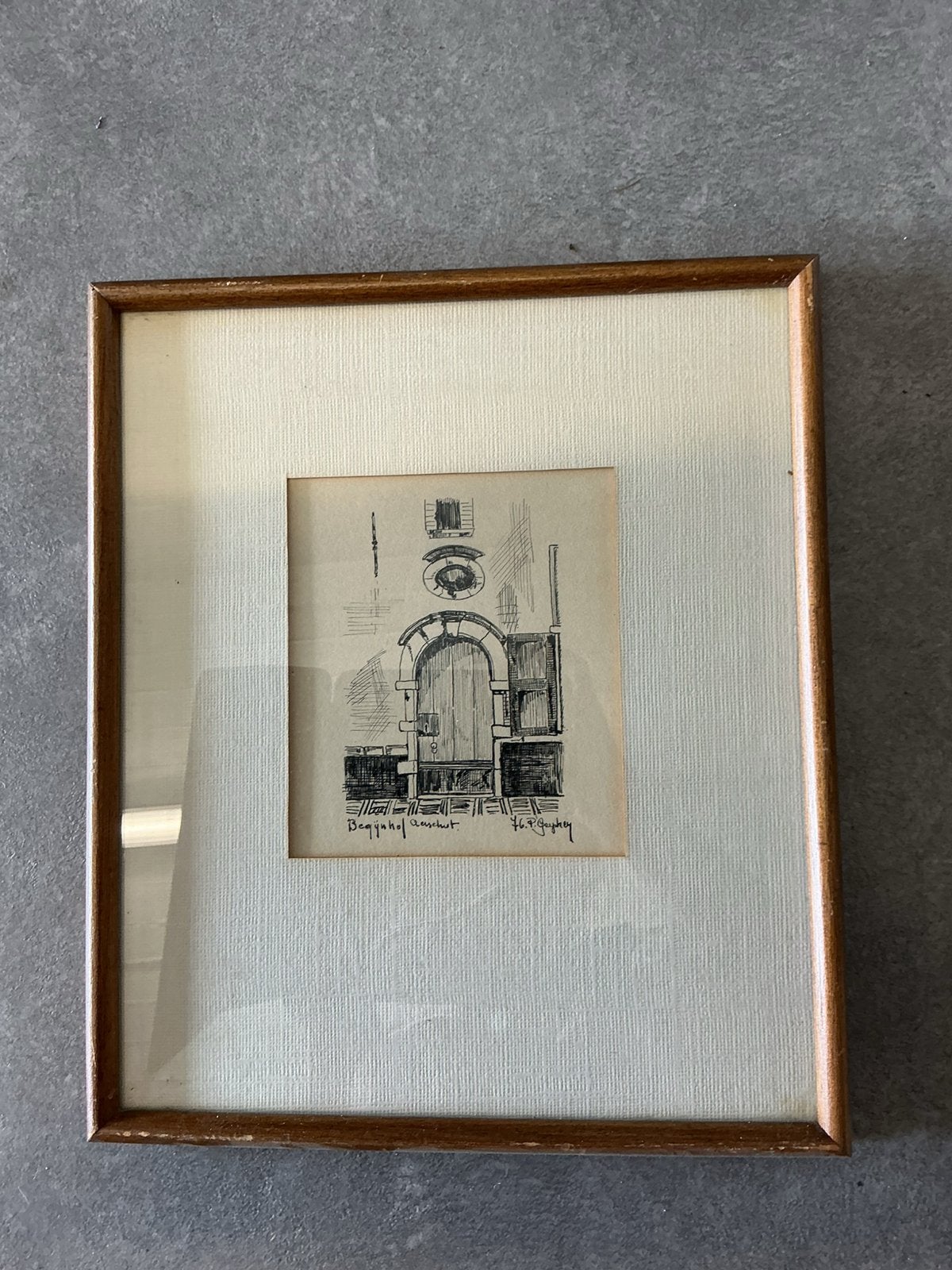 Pentekening begijnhof Aarschot p.Geyskey, Antiek en Kunst, Kunst | Etsen en Gravures, Ophalen of Verzenden