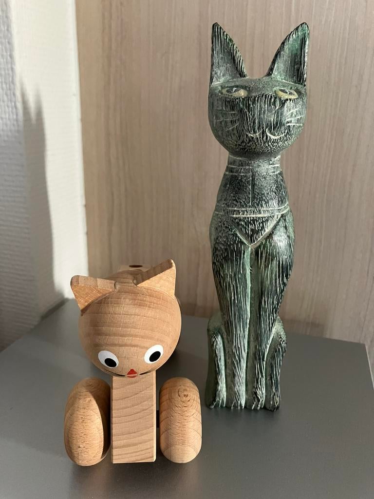 Lot 2 HOUTEN katten-beeldjes 🐈‍⬛., Enlèvement ou Envoi, Comme neuf