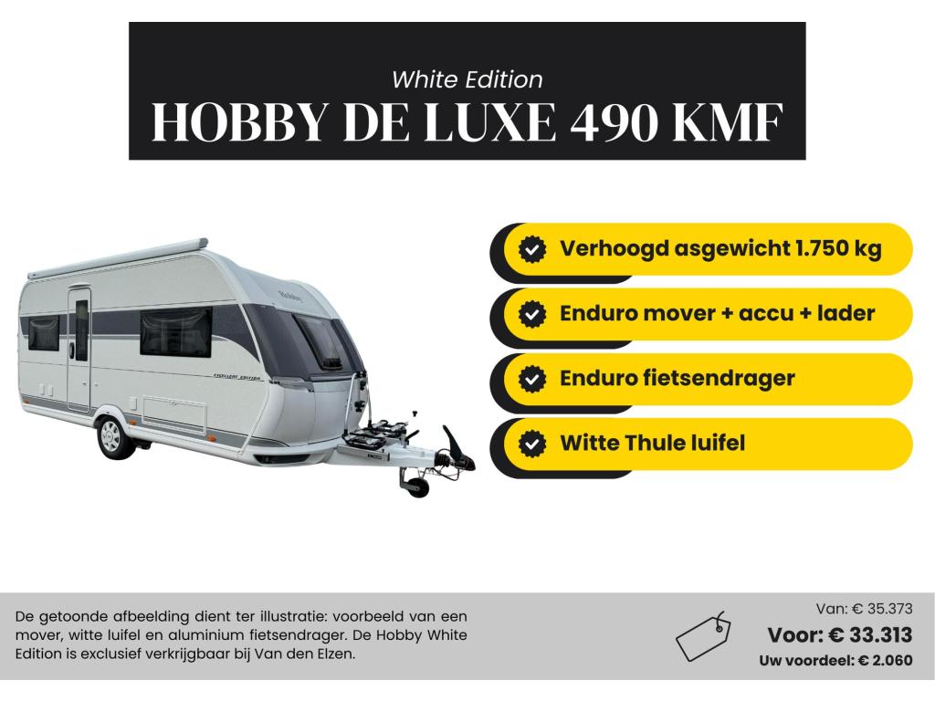 Hobby De Luxe 490 KMF White Edition Actiepakket, Caravans en Kamperen, Caravans, Hobby, Bedrijf, Treinzit, 5 tot 6 meter