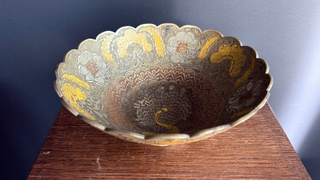 Prachtige vintage messing schaal met pauwenmotief, Antiek en Kunst, Ophalen of Verzenden