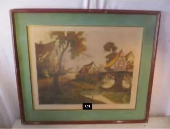 Mooi Oude Ets 'Dorpje bij een Brug' - gesigneerd, Ophalen of Verzenden, Landschap, Ets, Ingelijst