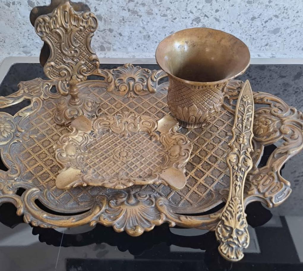 antieken koperen rokerset tafelset asbak luciferhouder, Antiek en Kunst, Ophalen, Koper