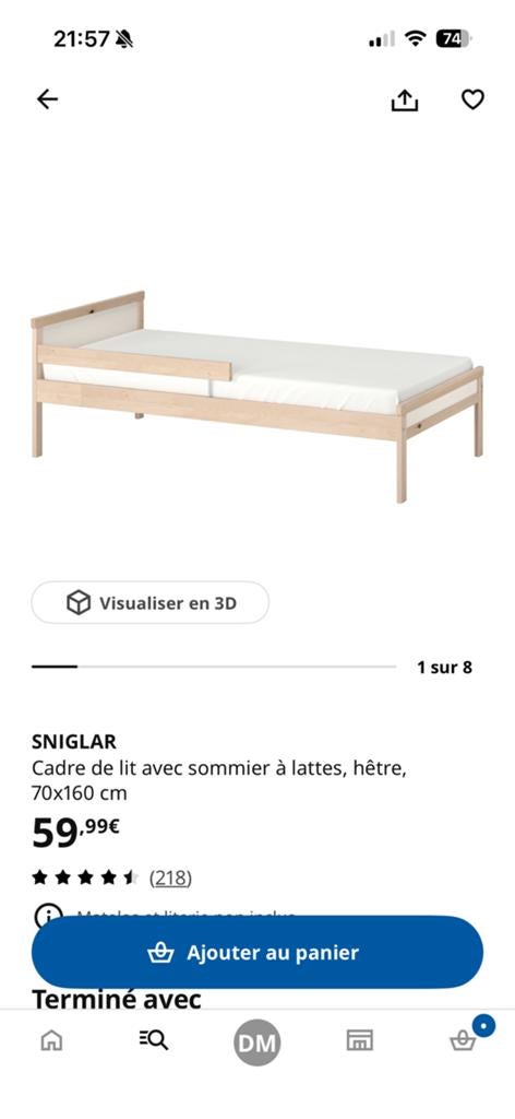 Lit ikea Sniglar enfant 70x160 +matelas, Maison & Meubles, Enlèvement, Autres dimensions, Bois, Ikea