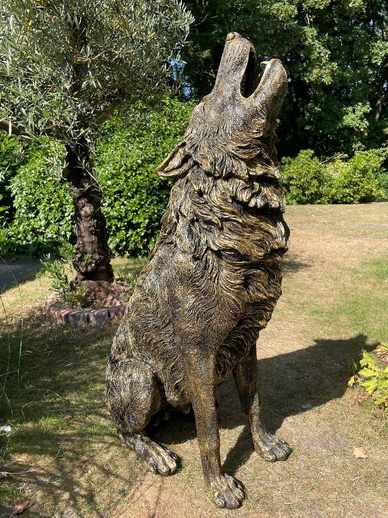 Statue de loup, dorée, salon, terrasse, jardin, 120 cm, Enlèvement, Neuf, Synthétique, Animal