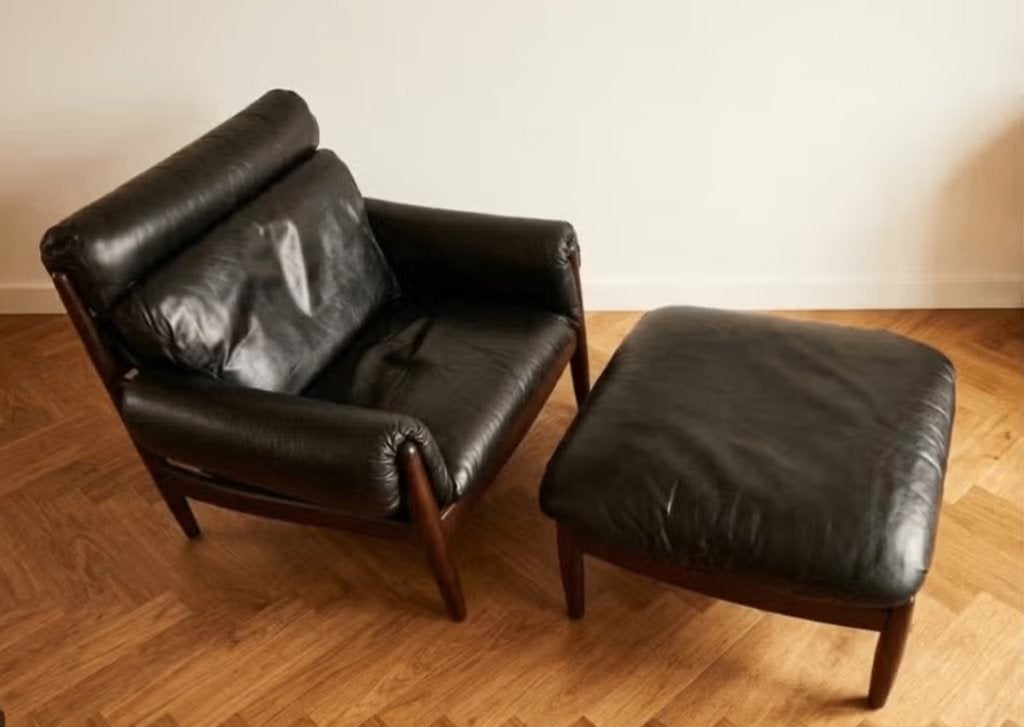 Vintage zwart lederen lounge chair, Durlet, Belgium, 70s, Huis en Inrichting, Ophalen, Gebruikt