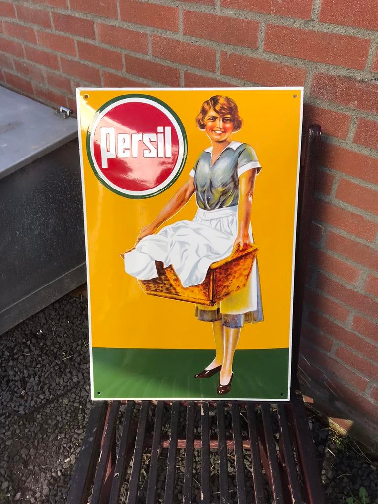 Persil was vrouw emaille reclamebord, Verzamelen, Ophalen of Verzenden, Gebruikt, Reclamebord