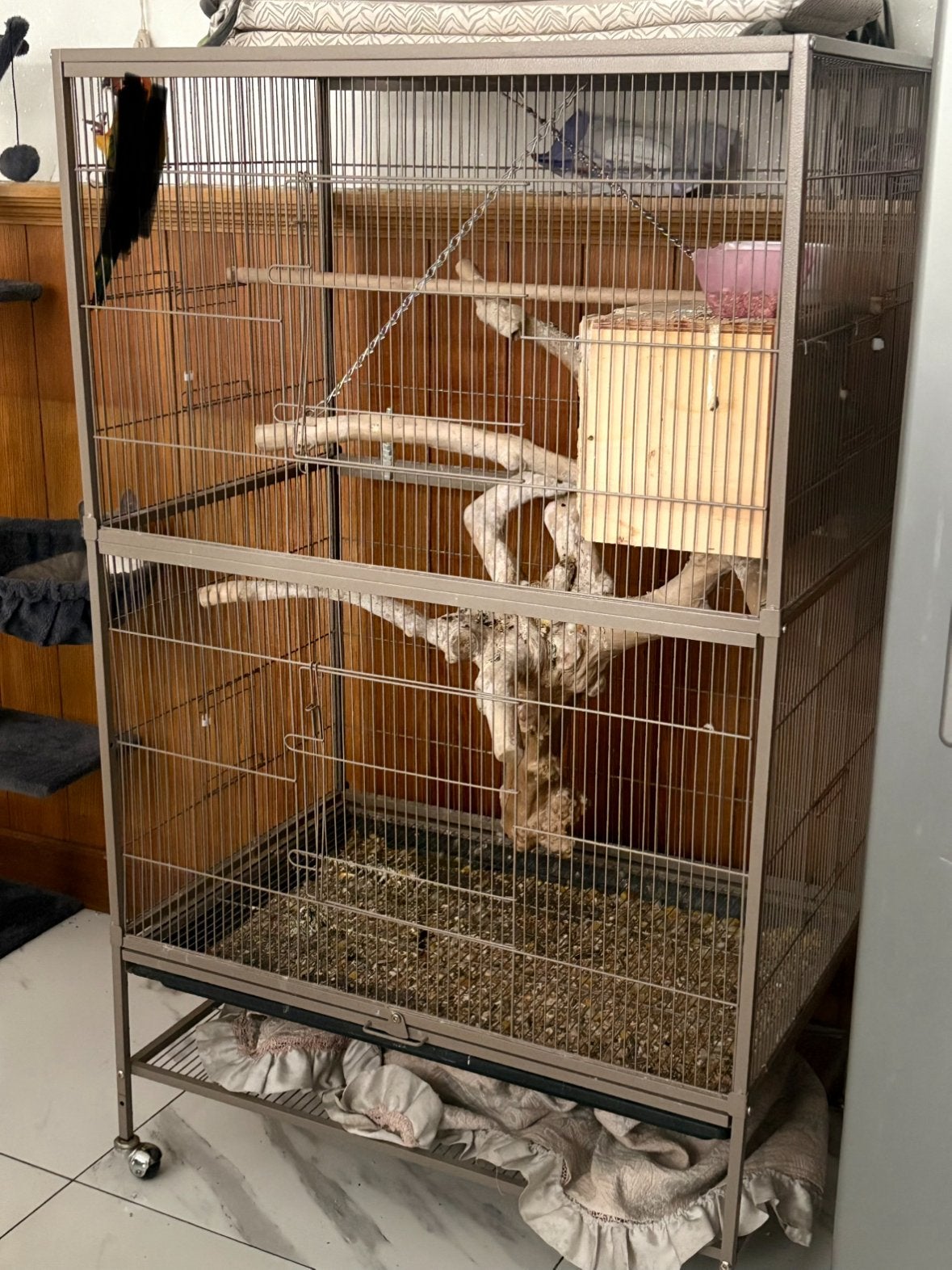 Cage perroquet/perruche + arbre de java, Enlèvement, Comme neuf, Autres matériaux, Cage à oiseaux