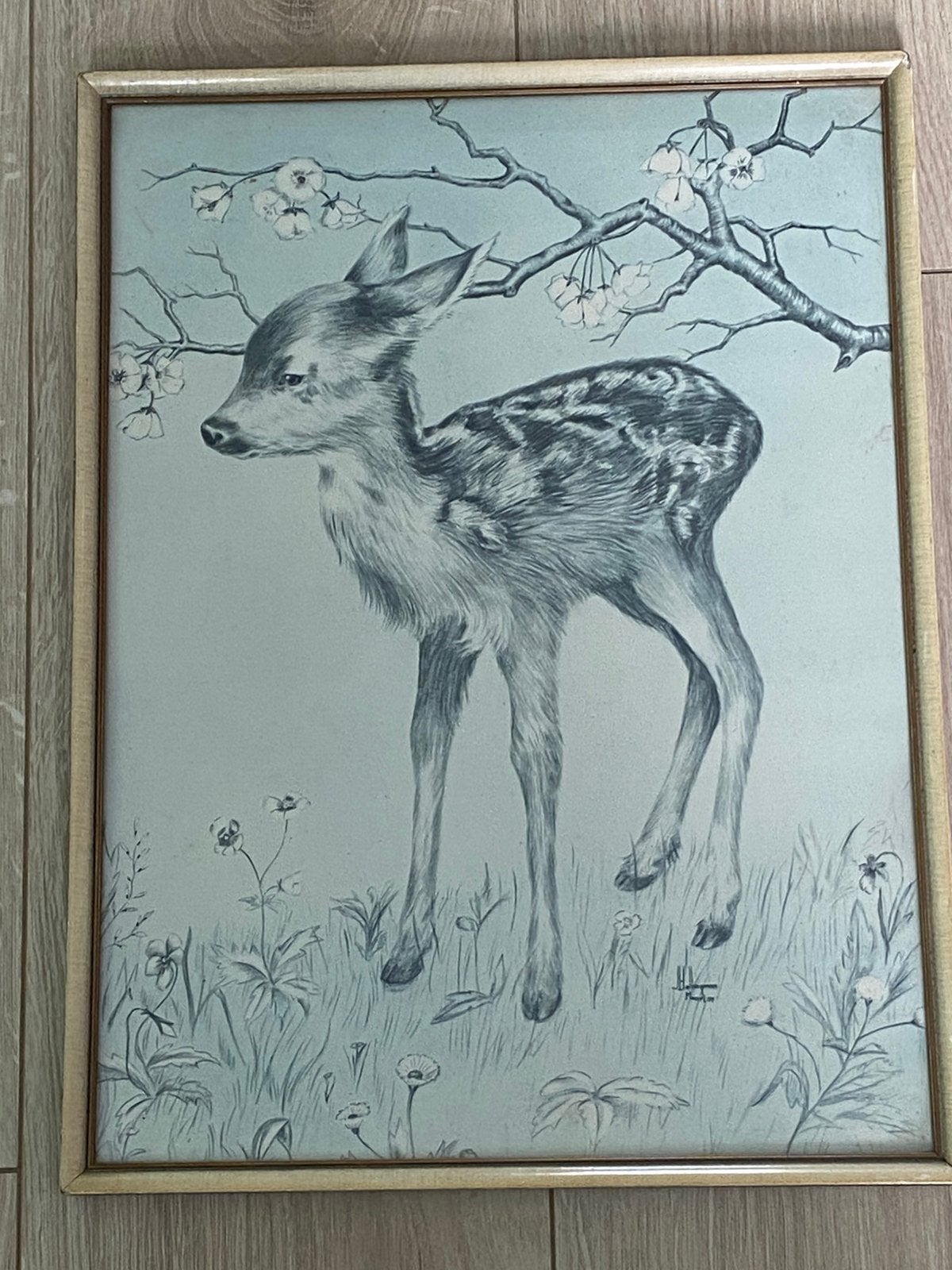 Vintage tekening hert met bloesem gesigneerd H. Hellingman, Ophalen, Foto, Gesigneerd