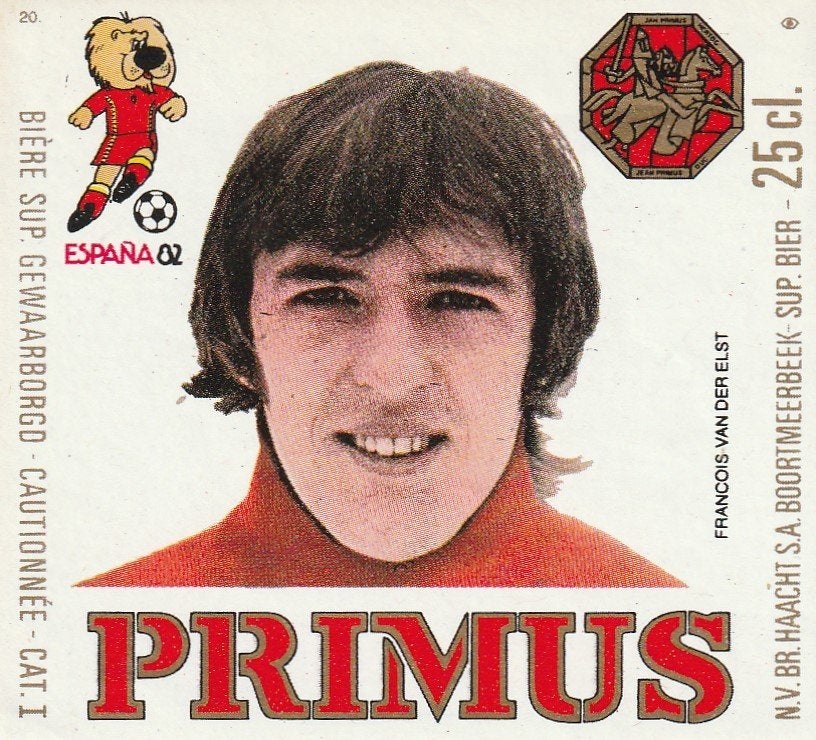 bieretiket Haacht Primus Espana '82:Francois Van der Elst, Verzamelen, Verzenden, Zo goed als nieuw, Overige typen, Overige merken