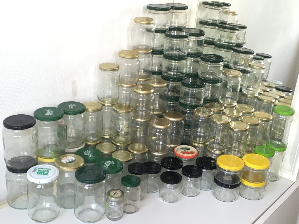 >100 confituur bokalen en bewaarpotten, Ophalen, Pot, Bus of Blik, Met deksel, Glas