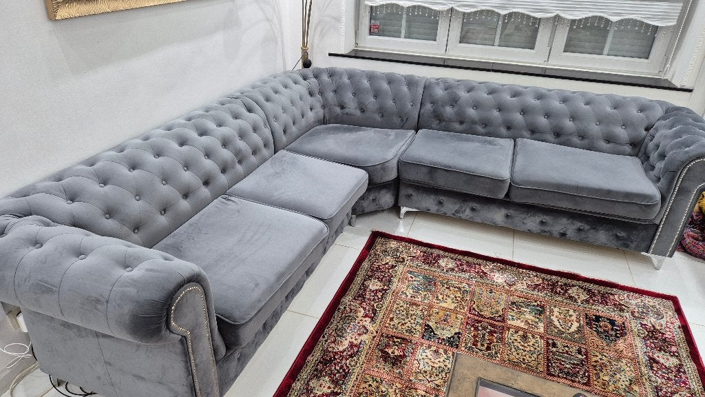 Canapés d’Angle 3+2 Places en Velours Gris, Banc d'angle, Quatre personnes ou plus, 125 à 150 cm, 150 à 200 cm