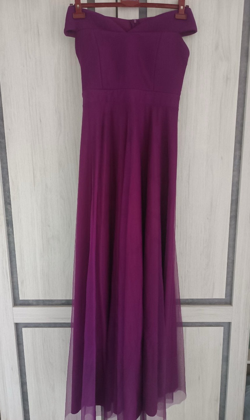 lange paarse off-shoulder jurk, Kleding | Dames, Maat 38/40 (M), Paars, Ophalen of Verzenden, Zo goed als nieuw