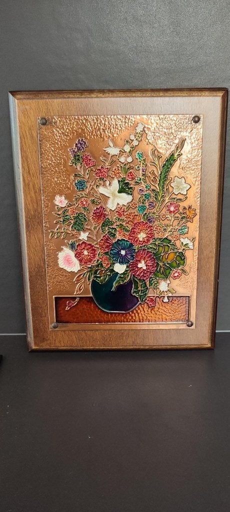 Vintage kader in koperreliëf met emaille bloemen, Ophalen of Verzenden