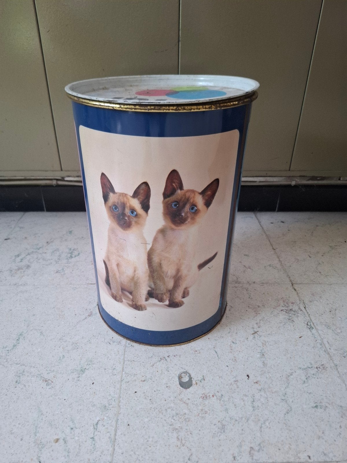 Vitage ijzeren waspoeder ton met kattenafbeelding Cordal, Ophalen