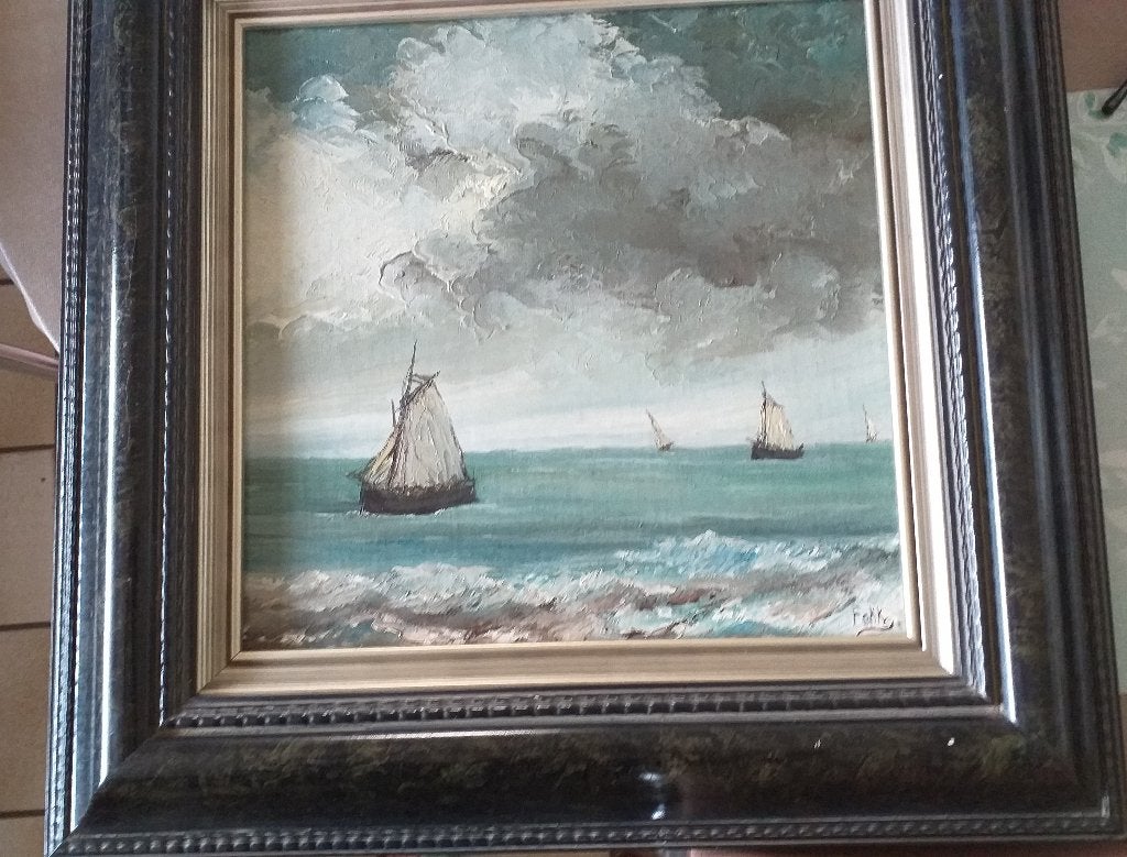 schilderij met bootjes, Antiek en Kunst, Ophalen of Verzenden, Bijzondere lijst, Maritiem / water