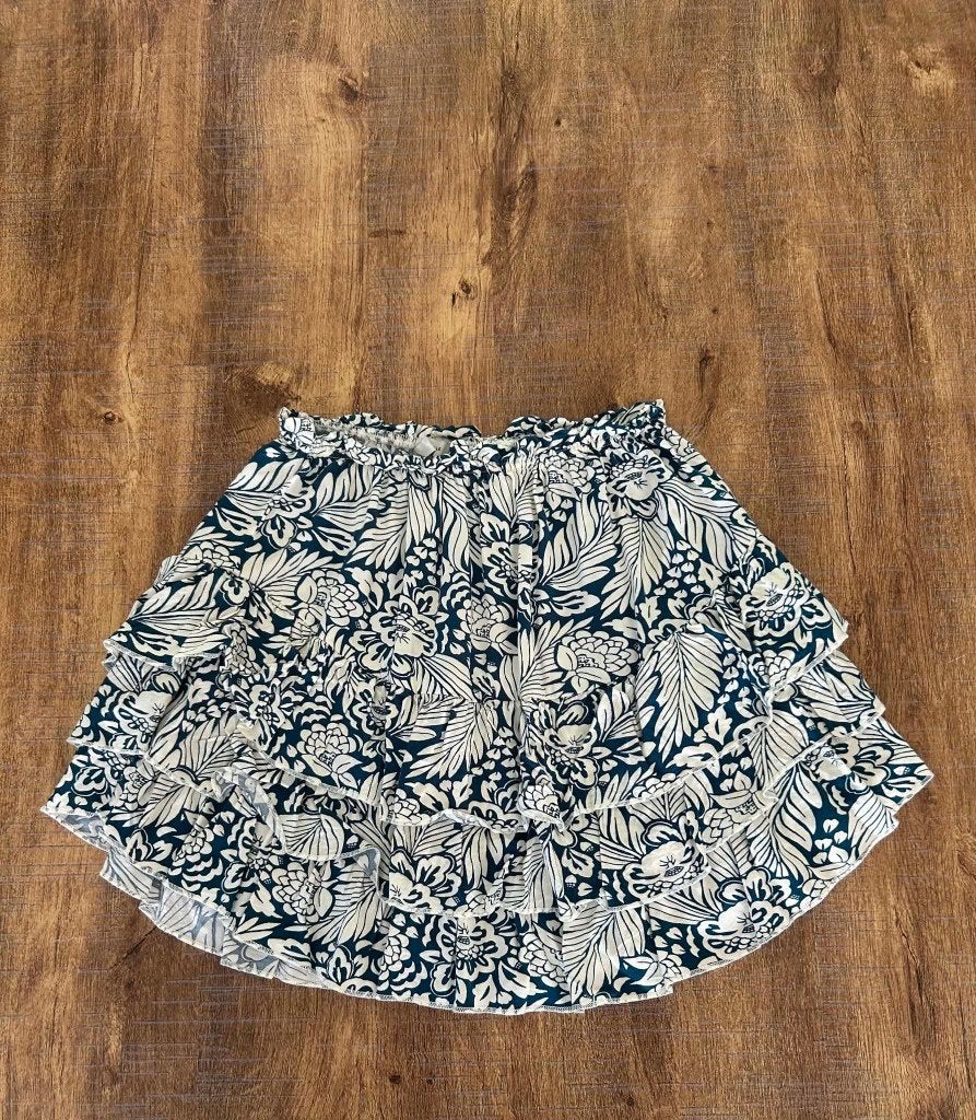 Jupe avec fleurs bleu-verte, Taille 42/44 (L), Au-dessus du genou, Pigalle, Comme neuf