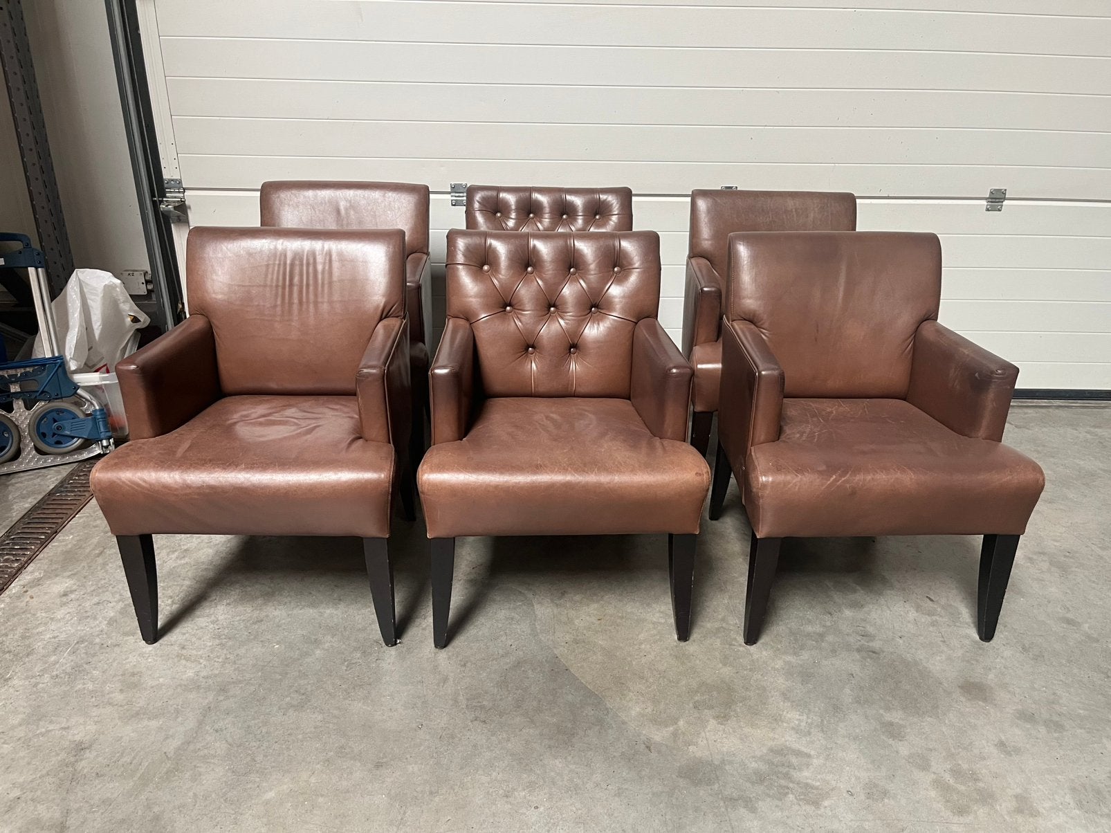 Set van 6 Cognac Leren Eetkamerstoelen, Ophalen, Gebruikt, Leer